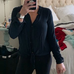 Bella Dahl L/S Navy Button Up Blouse w/ self tie